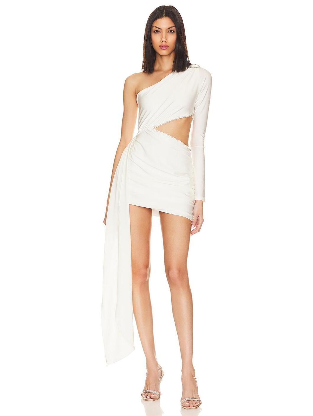 Khanums X Revolve One Shoulder Sash Mini Dress In Arctic Ivory